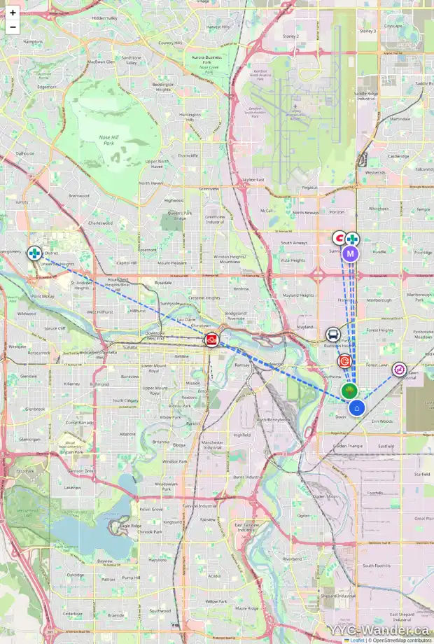 Daily accessibility map for 3477 33A AV SE, Calgary showing nearby schools, grocery stores, parks, LRT stations and nearby amenities