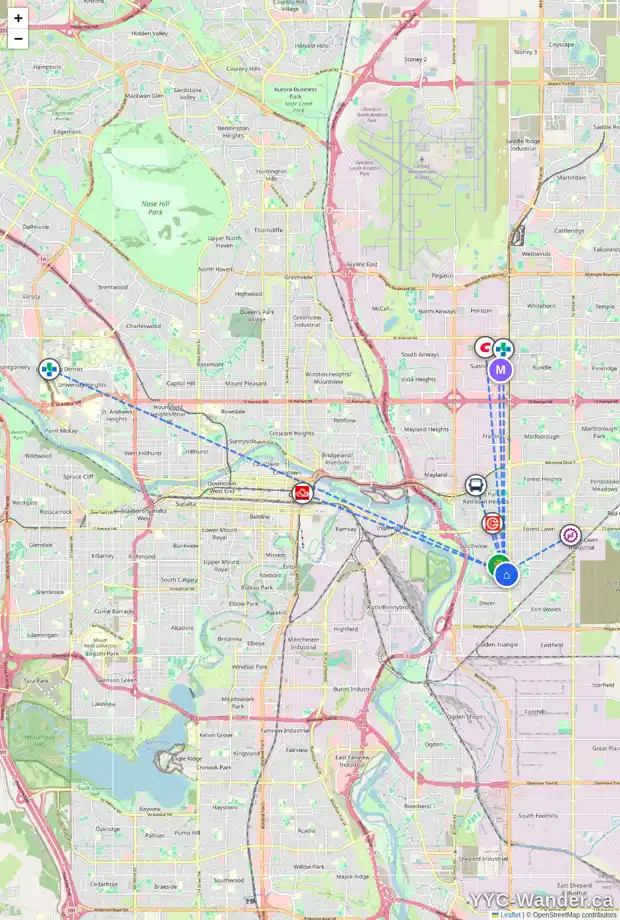 Daily accessibility map for 3608 29A AV SE, Calgary showing nearby schools, grocery stores, parks, LRT stations and nearby amenities
