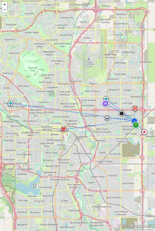 Daily accessibility map for 415 68 ST NE, Calgary showing nearby schools, grocery stores, parks, LRT stations and nearby amenities