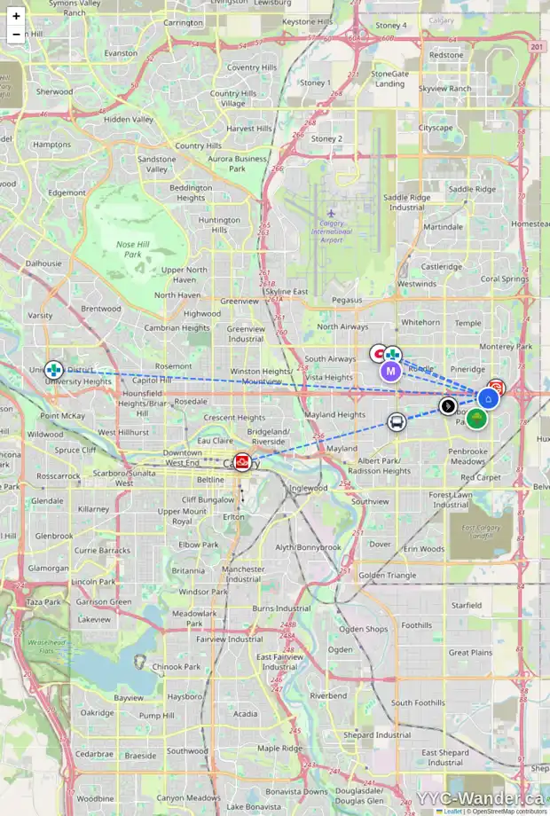 Daily accessibility map for 107 MAITLAND GA NE, Calgary showing nearby schools, grocery stores, parks, LRT stations and nearby amenities