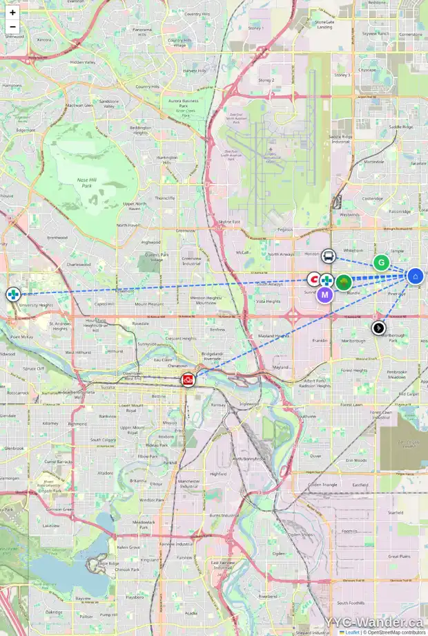 Daily accessibility map for 172 PINECLIFF WY NE, Calgary showing nearby schools, grocery stores, parks, LRT stations and nearby amenities