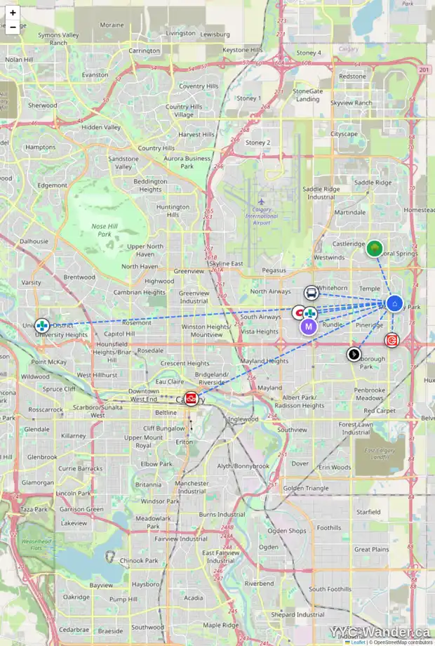 Daily accessibility map for 51 LAGUNA CI NE, Calgary showing nearby schools, grocery stores, parks, LRT stations and nearby amenities