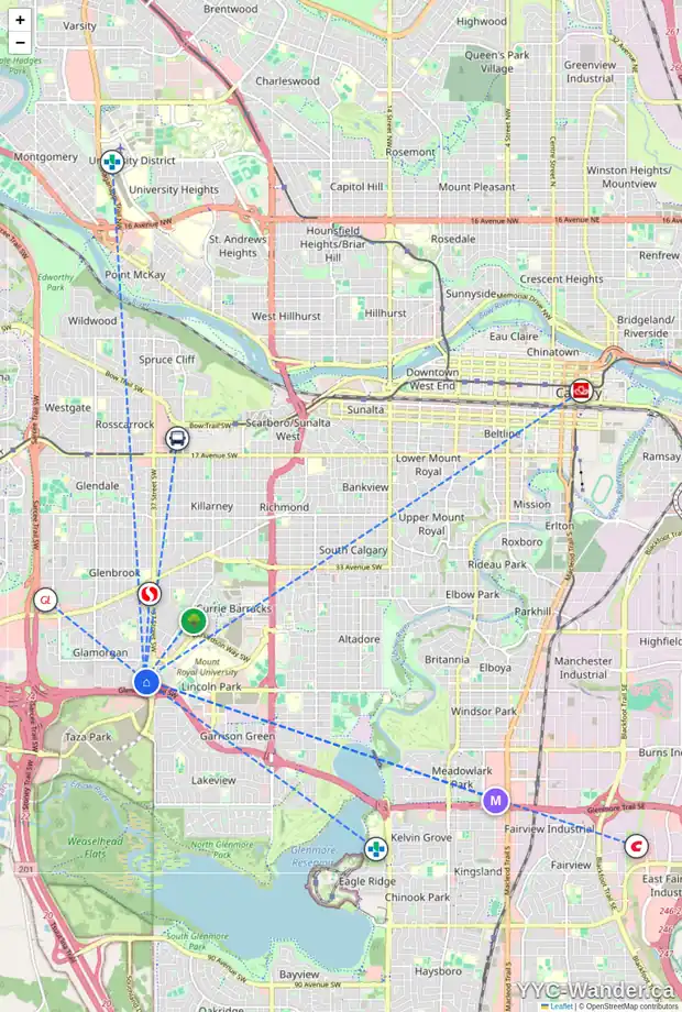 Daily accessibility map for 14D 80 GALBRAITH DR SW, Calgary showing nearby schools, grocery stores, parks, LRT stations and nearby amenities
