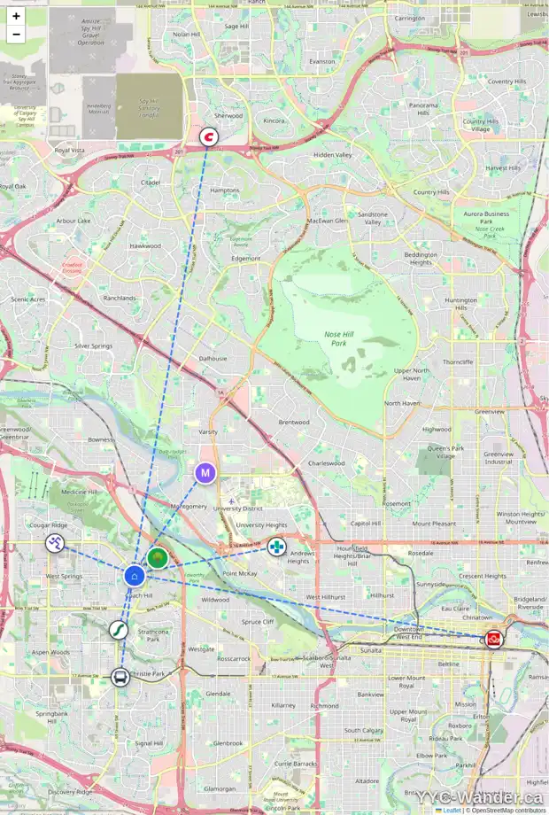 Daily accessibility map for 56 COACHWAY GD SW, Calgary showing nearby schools, grocery stores, parks, LRT stations and nearby amenities