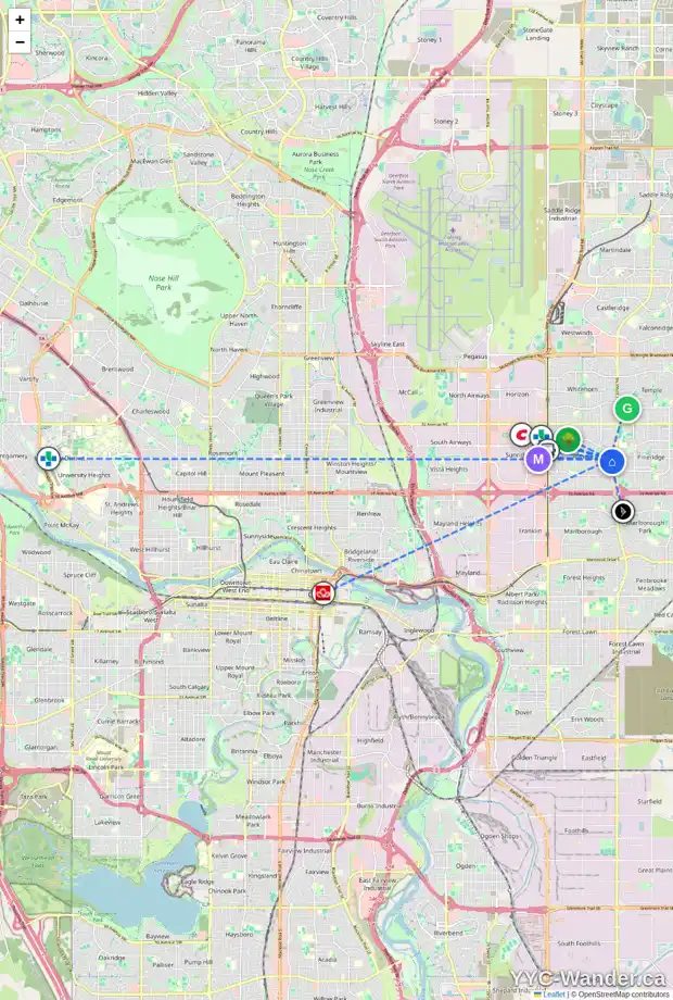 Daily accessibility map for 2342 50 ST NE, Calgary showing nearby schools, grocery stores, parks, LRT stations and nearby amenities