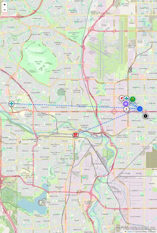 Daily accessibility map for 100 RUNDLEFIELD CL NE, Calgary showing nearby schools, grocery stores, parks, LRT stations and nearby amenities