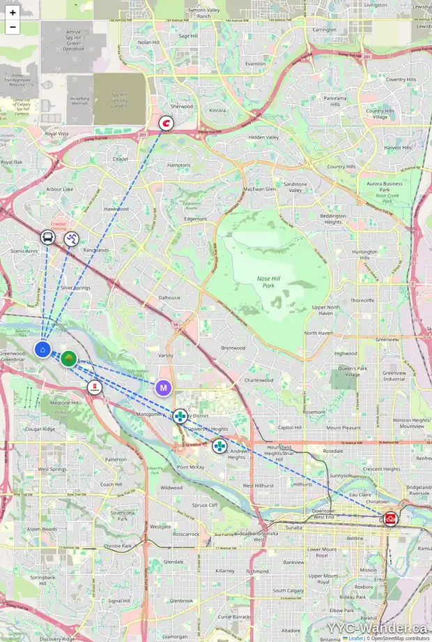 Daily accessibility map for 4632 85 ST NW, Calgary showing nearby schools, grocery stores, parks, LRT stations and nearby amenities