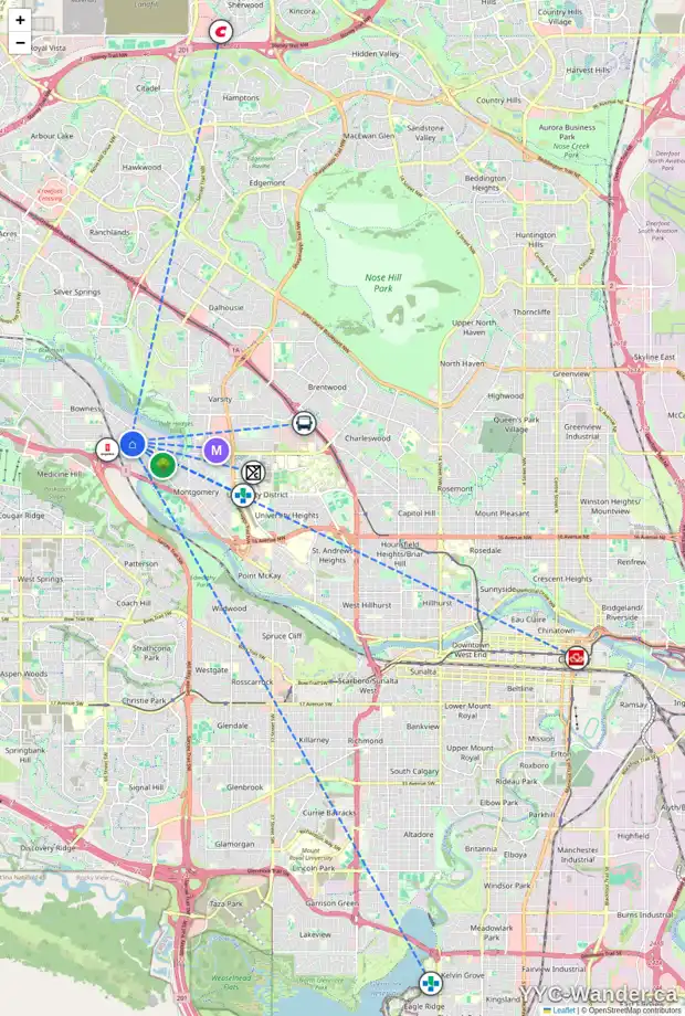 Daily accessibility map for 6348 34 AV NW, Calgary showing nearby schools, grocery stores, parks, LRT stations and nearby amenities