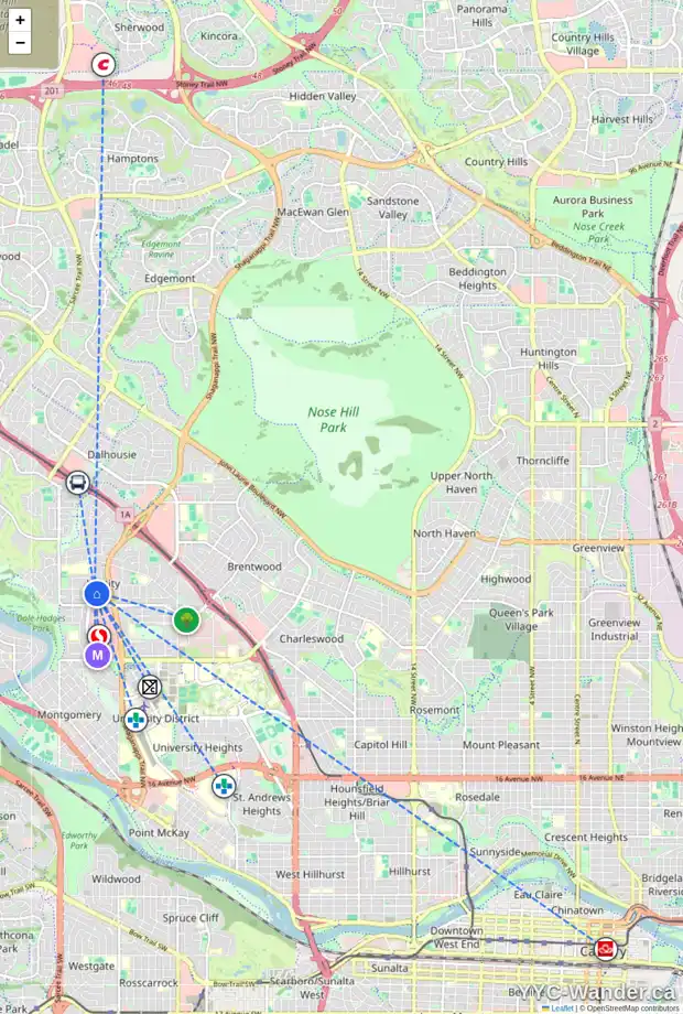 Daily accessibility map for 4927 VALIANT DR NW, Calgary showing nearby schools, grocery stores, parks, LRT stations and nearby amenities