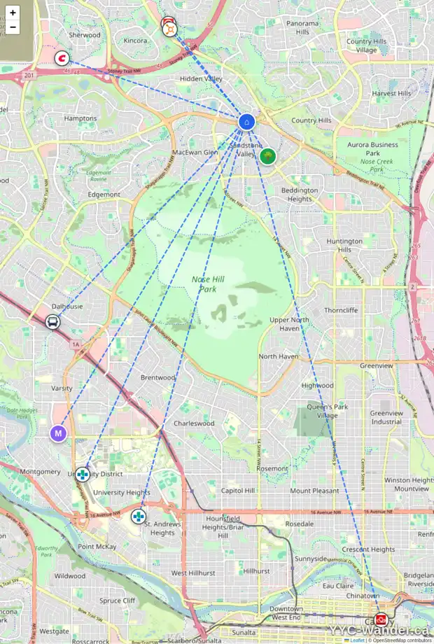 Daily accessibility map for 10280 HIDDEN VALLEY DR NW, Calgary showing nearby schools, grocery stores, parks, LRT stations and nearby amenities