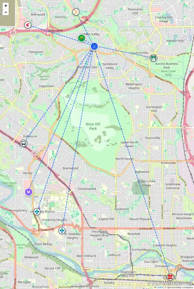 Daily accessibility map for 62 HIDDEN CI NW, Calgary showing nearby schools, grocery stores, parks, LRT stations and nearby amenities