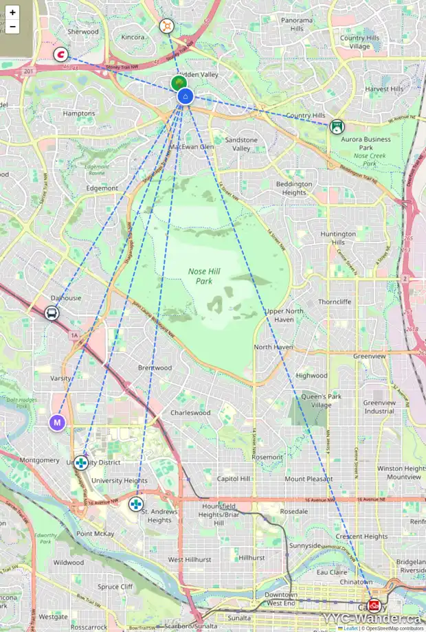 Daily accessibility map for 9863 HIDDEN VALLEY DR NW, Calgary showing nearby schools, grocery stores, parks, LRT stations and nearby amenities