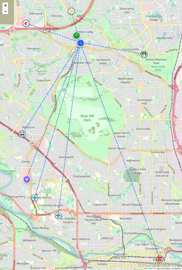 Daily accessibility map for 12 HIDDEN GR NW, Calgary showing nearby schools, grocery stores, parks, LRT stations and nearby amenities