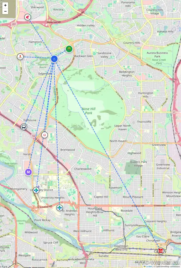 Daily accessibility map for 79 EDGEBROOK CV NW, Calgary showing nearby schools, grocery stores, parks, LRT stations and nearby amenities