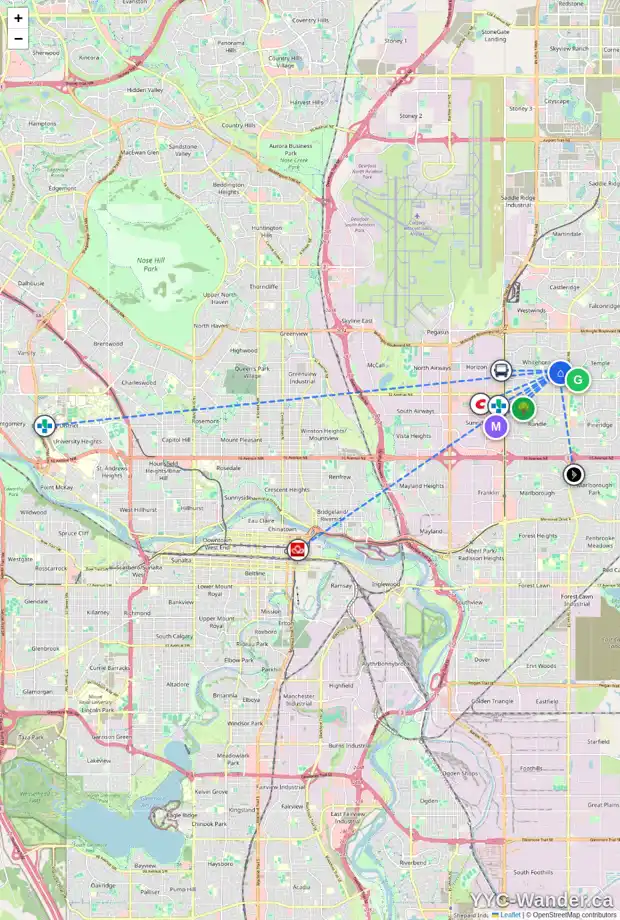 Daily accessibility map for 104 WHITESIDE RD NE, Calgary showing nearby schools, grocery stores, parks, LRT stations and nearby amenities