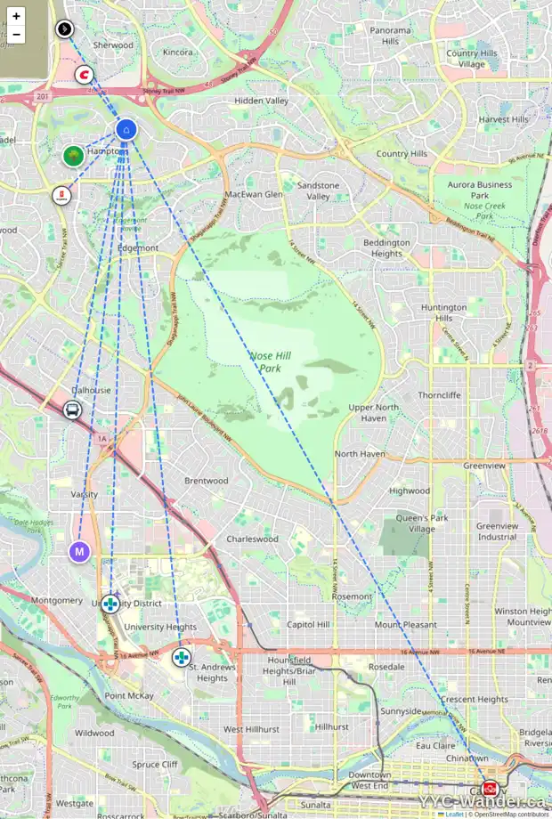Daily accessibility map for 187 HAMPTONS TC NW, Calgary showing nearby schools, grocery stores, parks, LRT stations and nearby amenities
