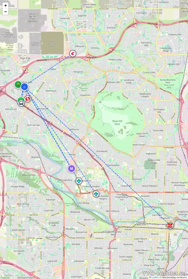 Daily accessibility map for 127 ARBOUR CREST CL NW, Calgary showing nearby schools, grocery stores, parks, LRT stations and nearby amenities