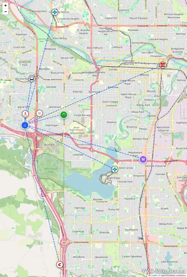 Daily accessibility map for 205 7239 SIERRA MORENA BV SW, Calgary showing nearby schools, grocery stores, parks, LRT stations and nearby amenities