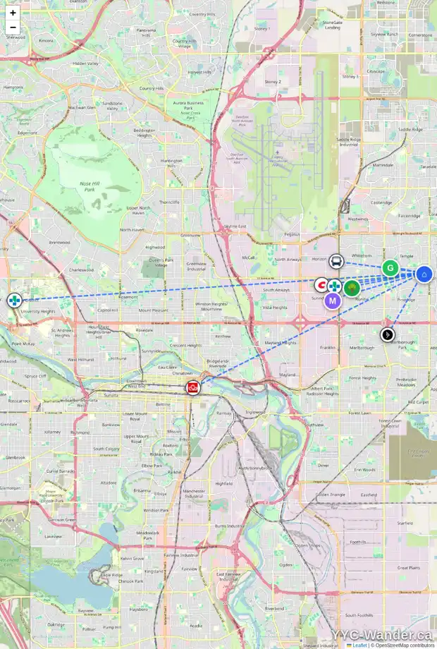 Daily accessibility map for 6715 34 AV NE, Calgary showing nearby schools, grocery stores, parks, LRT stations and nearby amenities