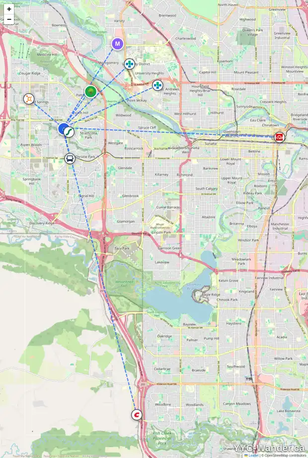 Daily accessibility map for 1209 STRATHCONA DR SW, Calgary showing nearby schools, grocery stores, parks, LRT stations and nearby amenities