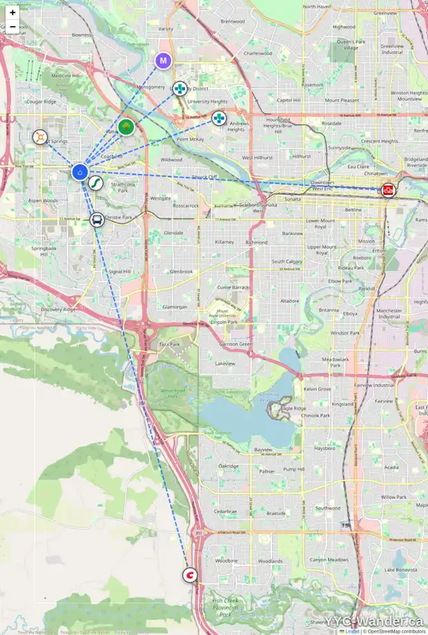 Daily accessibility map for 75 STRATHRIDGE WY SW, Calgary showing nearby schools, grocery stores, parks, LRT stations and nearby amenities