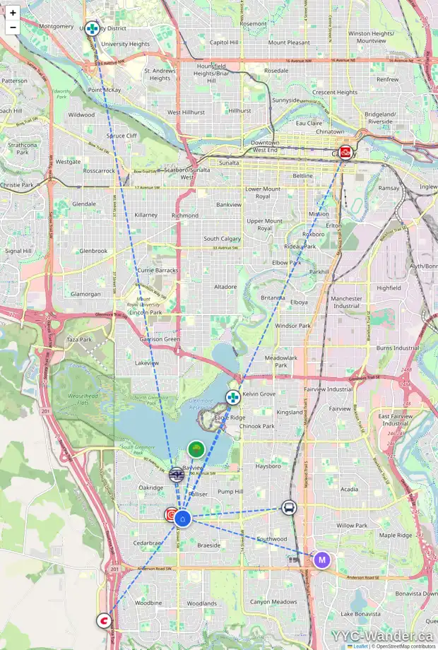 Daily accessibility map for 55 2323 OAKMOOR DR SW, Calgary showing nearby schools, grocery stores, parks, LRT stations and nearby amenities