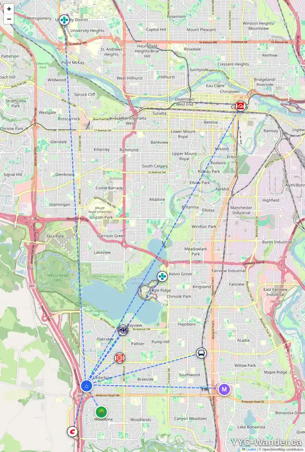 Daily accessibility map for 107 CEDARDALE BA SW, Calgary showing nearby schools, grocery stores, parks, LRT stations and nearby amenities