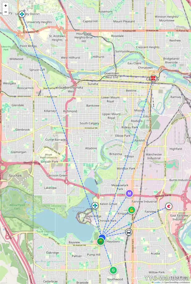 Daily accessibility map for 91 HAYSBORO CR SW, Calgary showing nearby schools, grocery stores, parks, LRT stations and nearby amenities