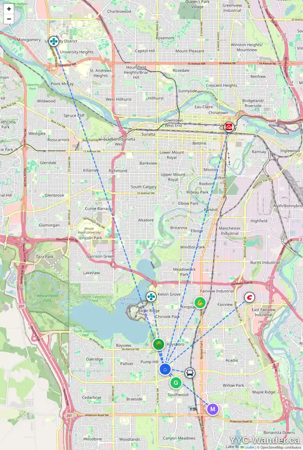 Daily accessibility map for 94 HILLGROVE DR SW, Calgary showing nearby schools, grocery stores, parks, LRT stations and nearby amenities
