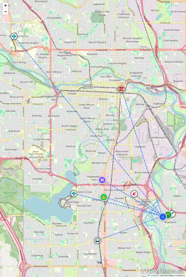 Daily accessibility map for 111 RIVERBROOK WY SE, Calgary showing nearby schools, grocery stores, parks, LRT stations and nearby amenities