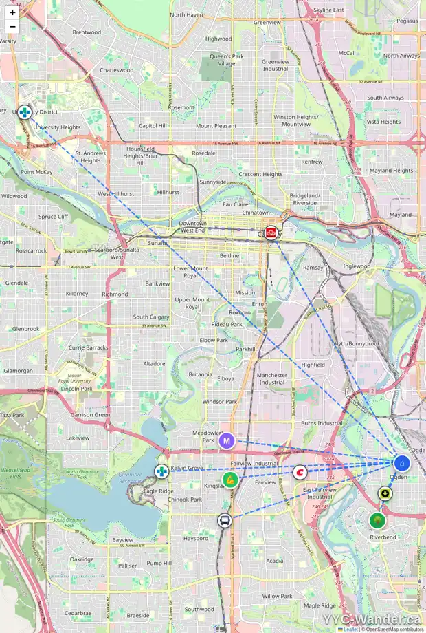 Daily accessibility map for 35 LYNNDALE RD SE, Calgary showing nearby schools, grocery stores, parks, LRT stations and nearby amenities