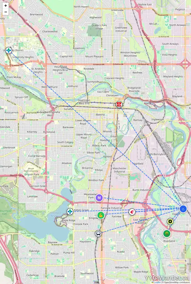 Daily accessibility map for 2363 CRESTWOOD RD SE, Calgary showing nearby schools, grocery stores, parks, LRT stations and nearby amenities