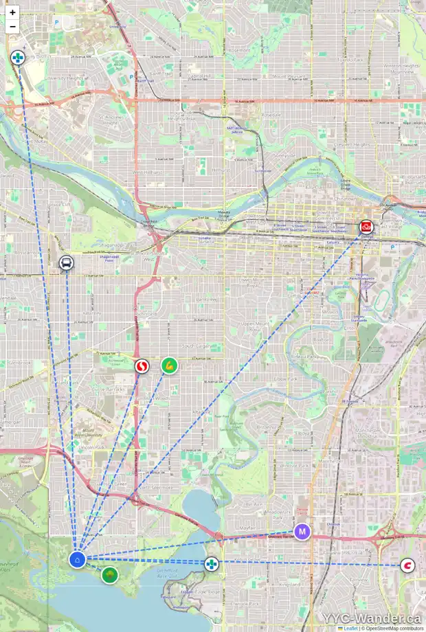 Daily accessibility map for 3413 LAKE CO SW, Calgary showing nearby schools, grocery stores, parks, LRT stations and nearby amenities