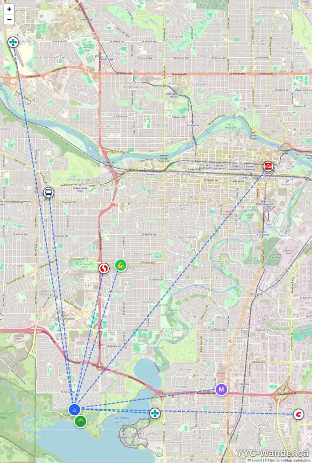 Daily accessibility map for 3019 LINDEN DR SW, Calgary showing nearby schools, grocery stores, parks, LRT stations and nearby amenities