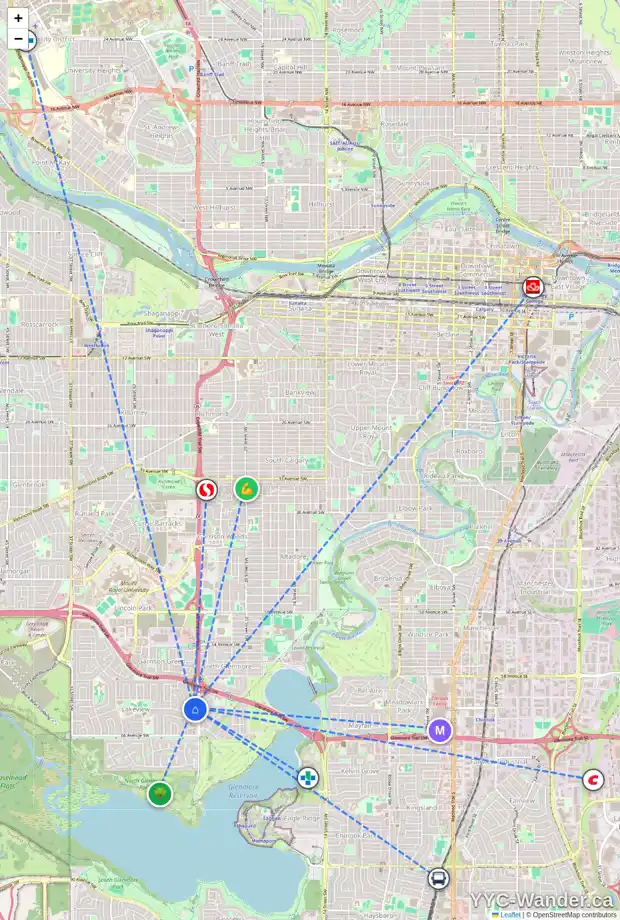 Daily accessibility map for 6308 LACOMBE WY SW, Calgary showing nearby schools, grocery stores, parks, LRT stations and nearby amenities
