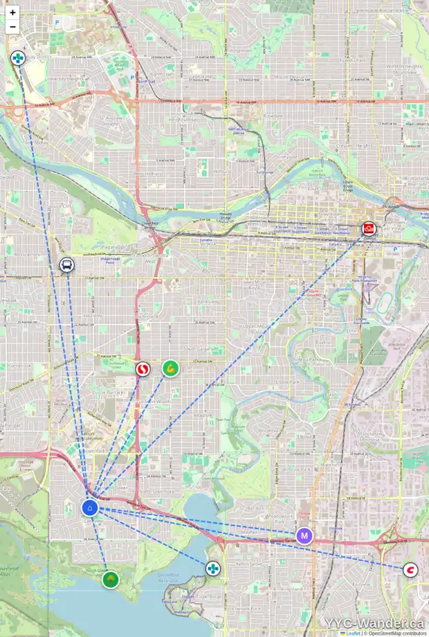 Daily accessibility map for 3415 LANE CR SW, Calgary showing nearby schools, grocery stores, parks, LRT stations and nearby amenities