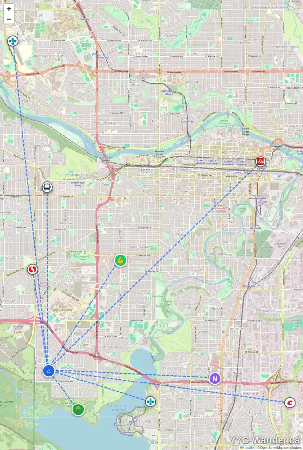 Daily accessibility map for 6212 34 ST SW, Calgary showing nearby schools, grocery stores, parks, LRT stations and nearby amenities