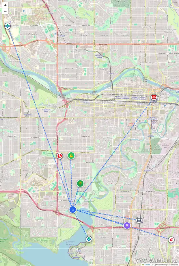 Daily accessibility map for 2032 58 AV SW, Calgary showing nearby schools, grocery stores, parks, LRT stations and nearby amenities
