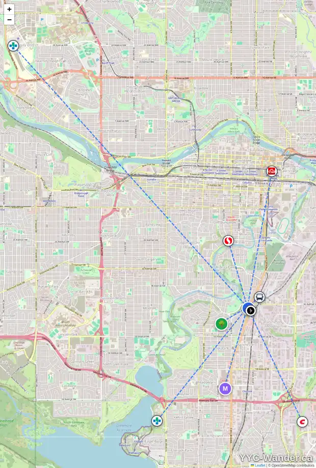 Daily accessibility map for 7 STANLEY PL SW, Calgary showing nearby schools, grocery stores, parks, LRT stations and nearby amenities