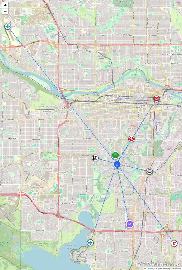 Daily accessibility map for 3830 7A ST SW, Calgary showing nearby schools, grocery stores, parks, LRT stations and nearby amenities