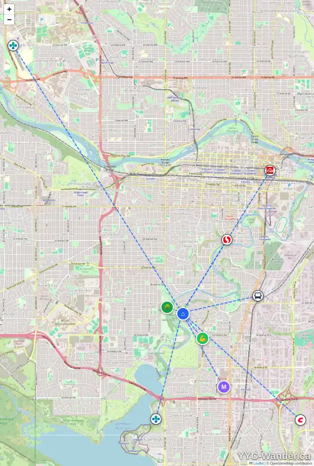 Daily accessibility map for 4520 BRITANNIA DR SW, Calgary showing nearby schools, grocery stores, parks, LRT stations and nearby amenities