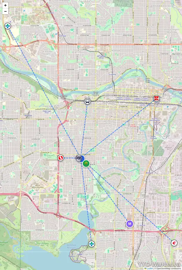 Daily accessibility map for 324 1808 36 AV SW, Calgary showing nearby schools, grocery stores, parks, LRT stations and nearby amenities