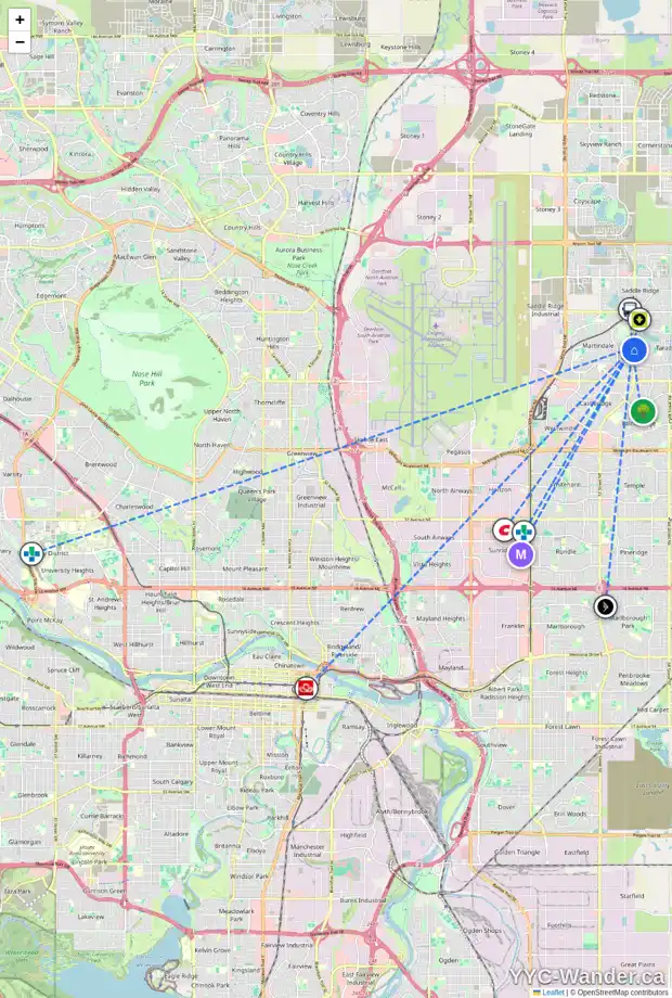 Daily accessibility map for 204 MARTINWOOD WY NE, Calgary showing nearby schools, grocery stores, parks, LRT stations and nearby amenities