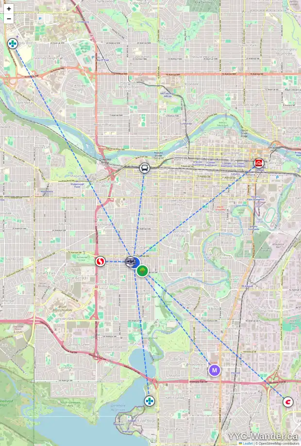 Daily accessibility map for 114 1811 34 AV SW, Calgary showing nearby schools, grocery stores, parks, LRT stations and nearby amenities