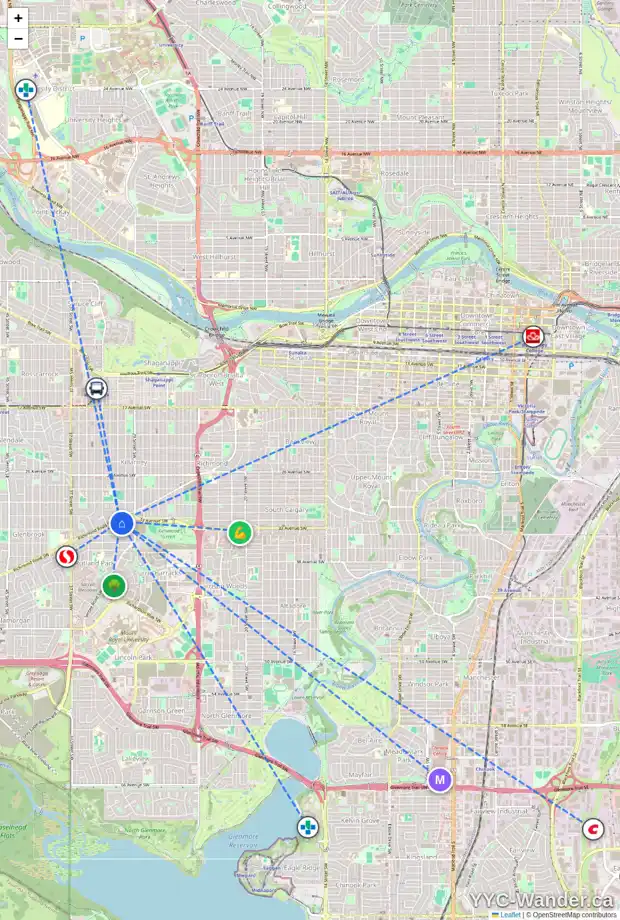 Daily accessibility map for 3414 31 ST SW, Calgary showing nearby schools, grocery stores, parks, LRT stations and nearby amenities