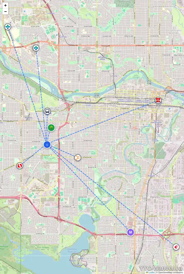 Daily accessibility map for 2827 26A ST SW, Calgary showing nearby schools, grocery stores, parks, LRT stations and nearby amenities