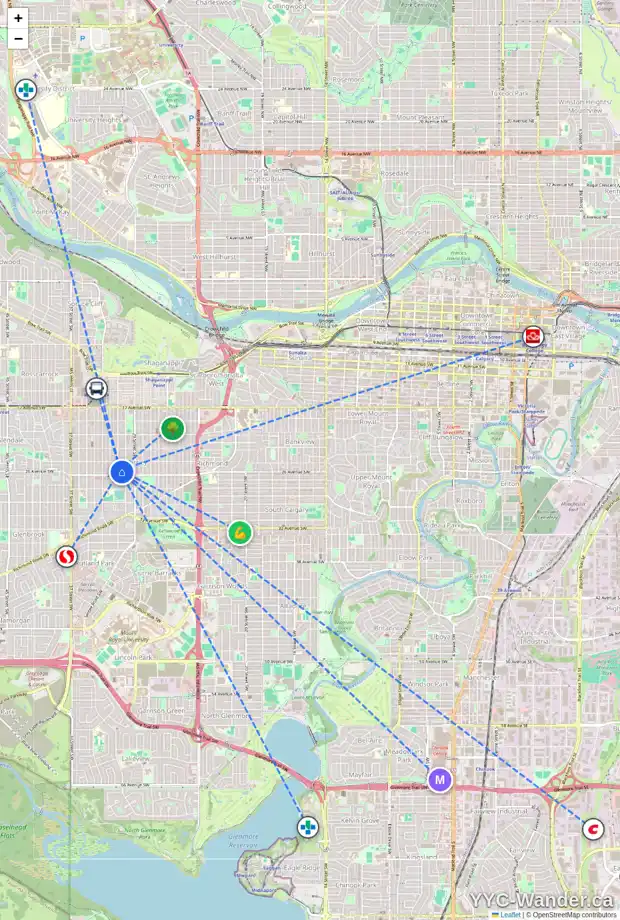Daily accessibility map for 2628 31 ST SW, Calgary showing nearby schools, grocery stores, parks, LRT stations and nearby amenities