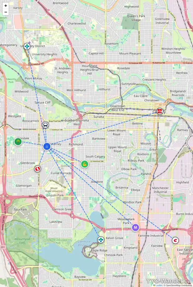 Daily accessibility map for 2623 33 ST SW, Calgary showing nearby schools, grocery stores, parks, LRT stations and nearby amenities
