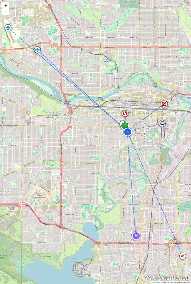 Daily accessibility map for 1758 7 ST SW, Calgary showing nearby schools, grocery stores, parks, LRT stations and nearby amenities