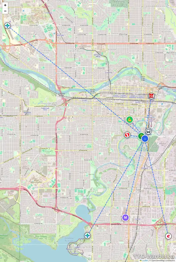 Daily accessibility map for 44 28 AV SW, Calgary showing nearby schools, grocery stores, parks, LRT stations and nearby amenities